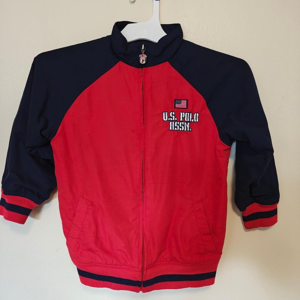 US Polo Assn Womens Red Navy Blue Windbreaker Jacket Full Zip Size 5/6 preppy